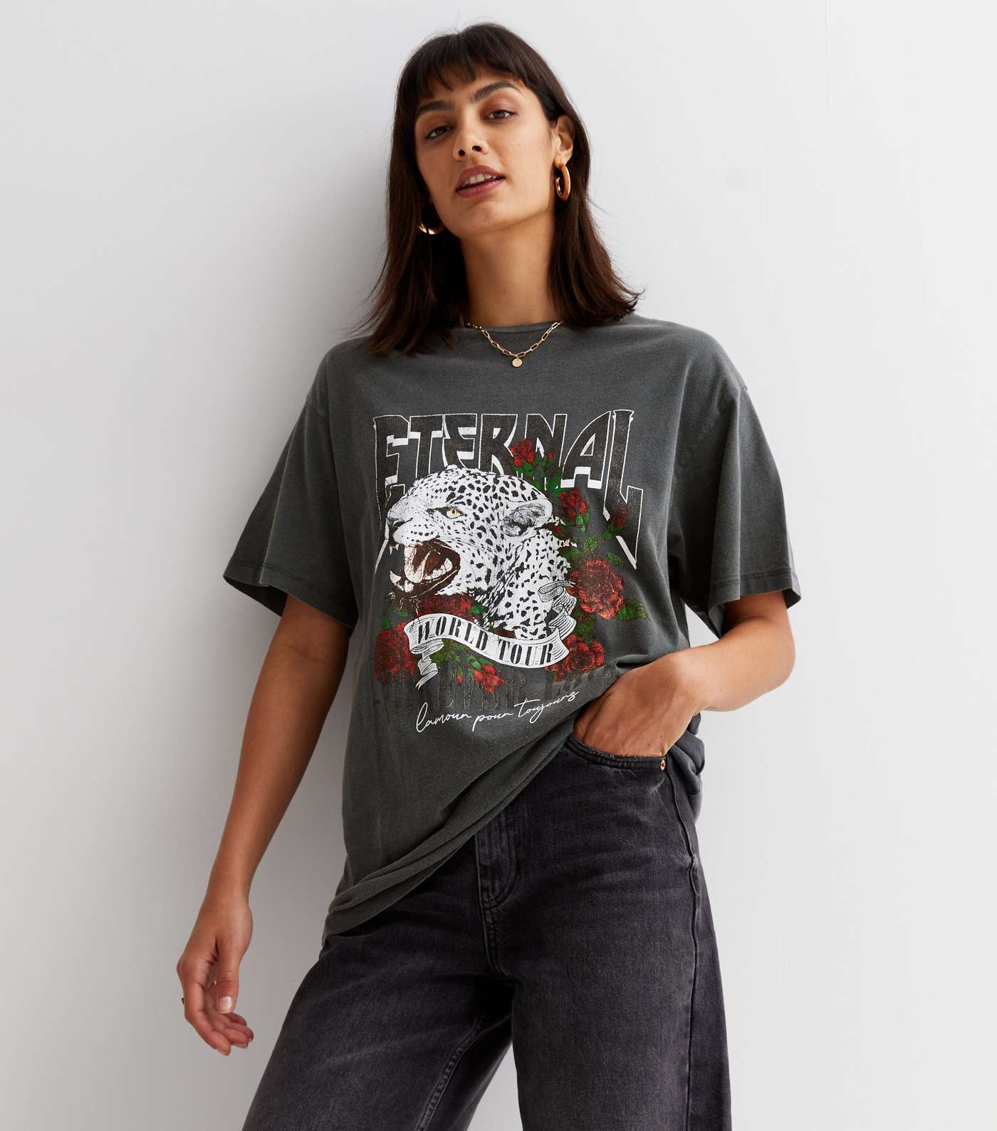 Dark Grey Acid Wash Eternal Leopard Logo Oversized T-Shirt Image 2
