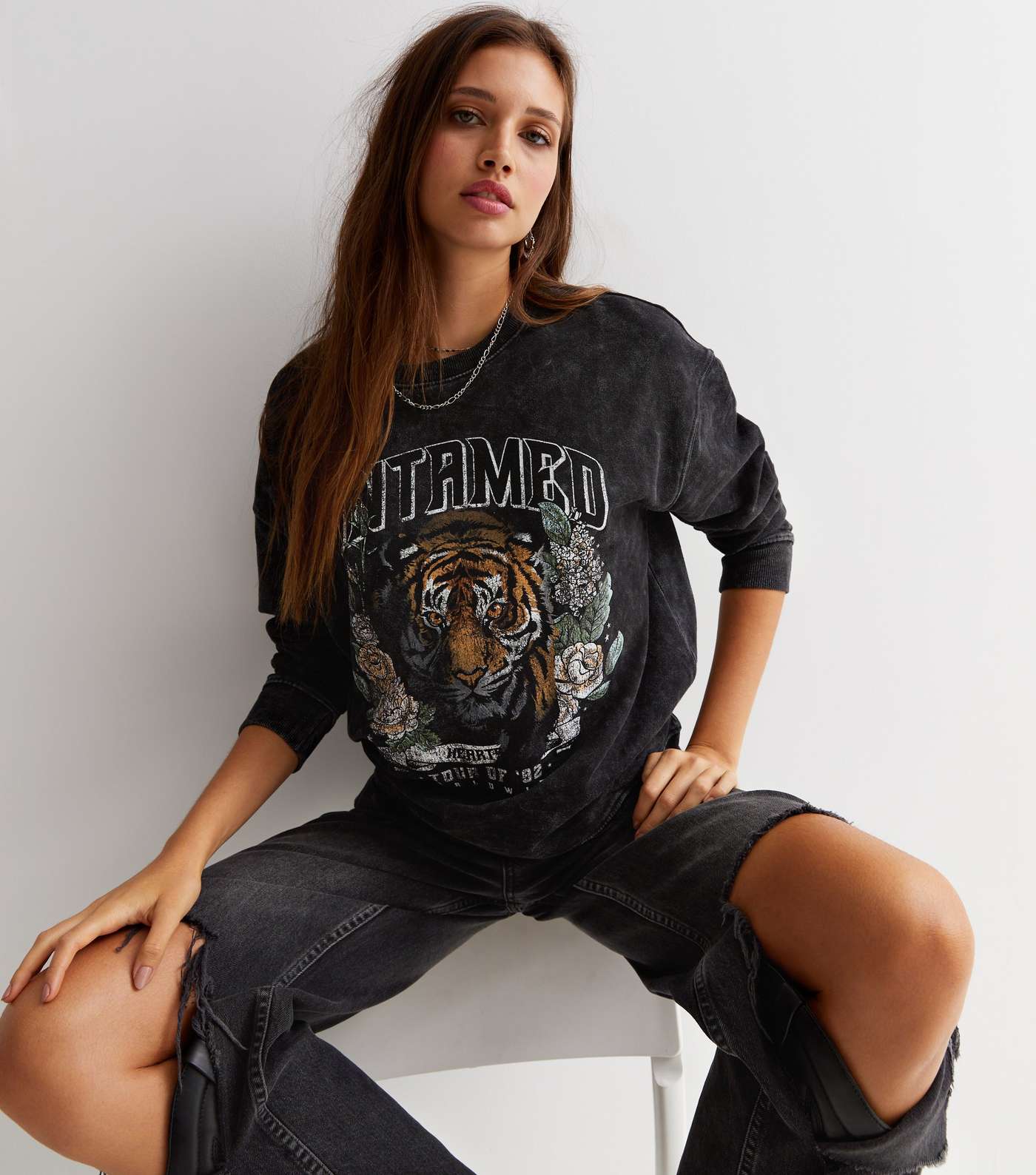 Dark Grey Acid Wash Untamed Tiger Logo Sweatshirt