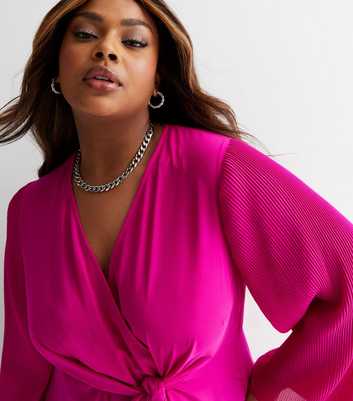Curves Bright Pink V Neck Long Pleated Sleeve Tie Front Top