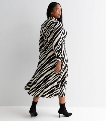 Curves Black Stripe Long Sleeve Tie Waist Midi Dress | New Look