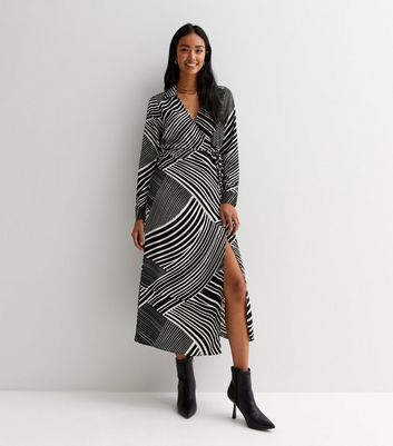 Black Stripe Wrap Collar Long Sleeve Midi Dress | New Look