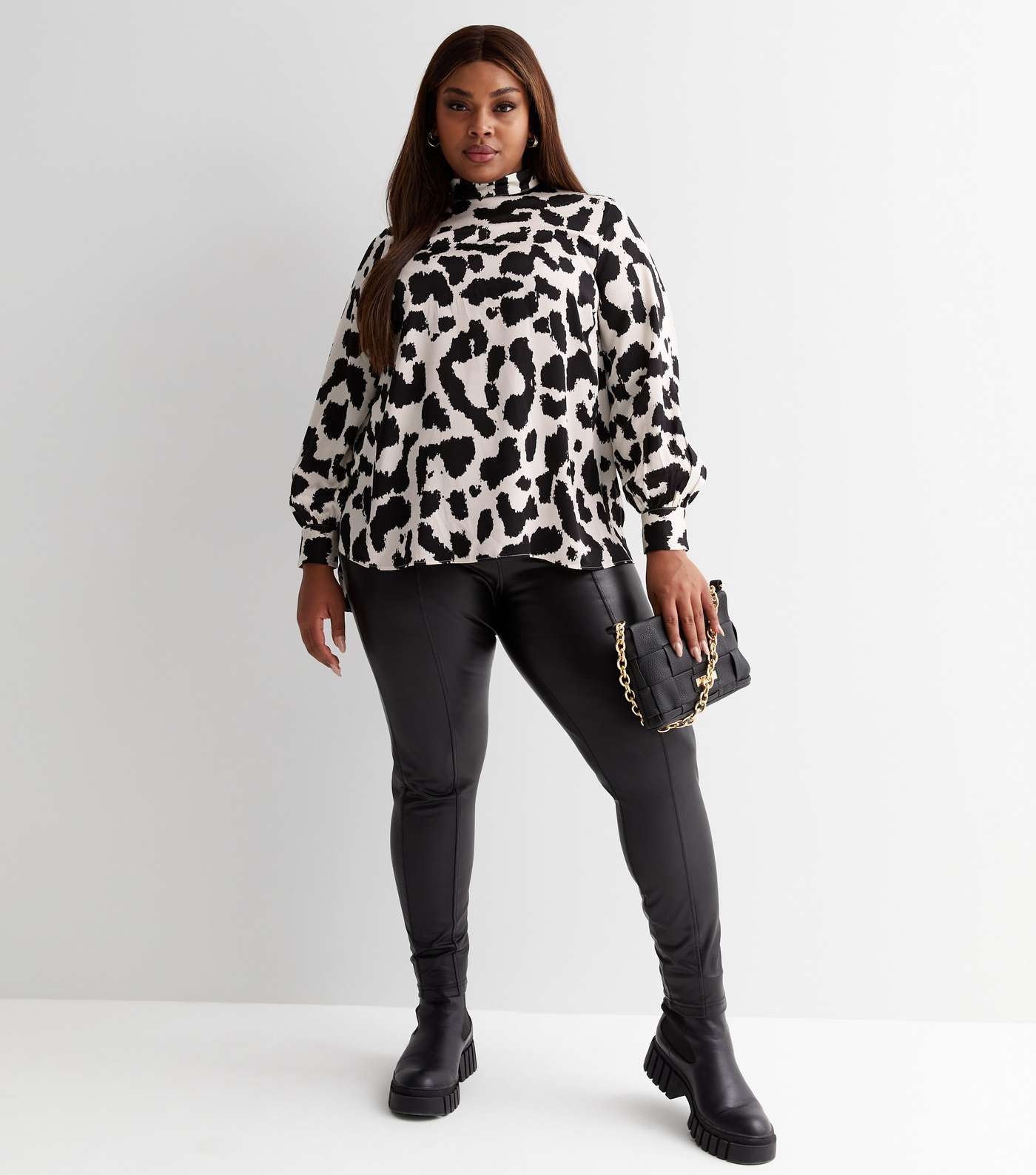 Curves Off White Leopard Print Satin High Neck Long Puff Sleeve Blouse Image 2