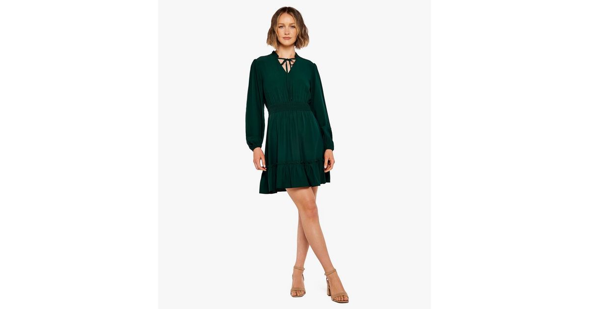 Apricot Dark Green Tie Neck Ruffle Hem Mini Dress New Look
