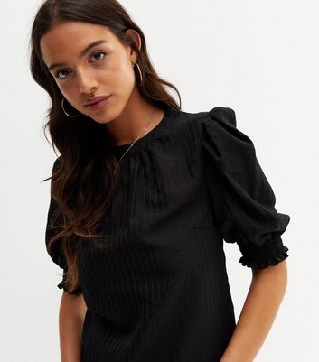 Gini London Black Textured Short Puff Sleeve Blouse | New Look