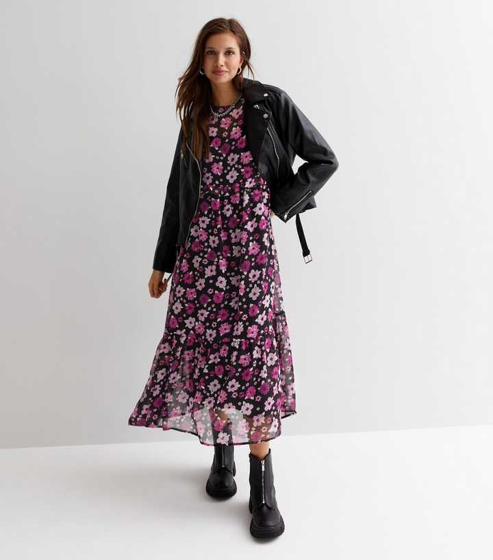 Black Floral Chiffon Crew Neck Long Sleeve Frill Midi Smock Dress