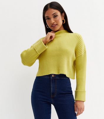 Petite Light Green Ribbed Knit Oversized Boxy Crop Jumper 