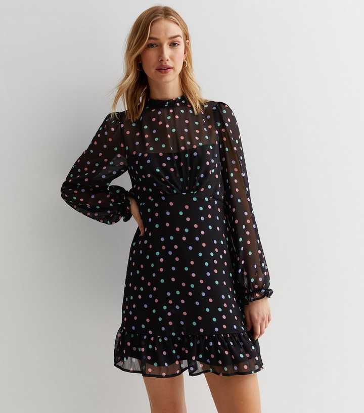 New Look Chiffon Mini Dress in Black Polka Dot