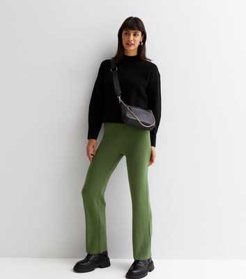 Gini London Olive Ribbed Knit High Waist Trousers