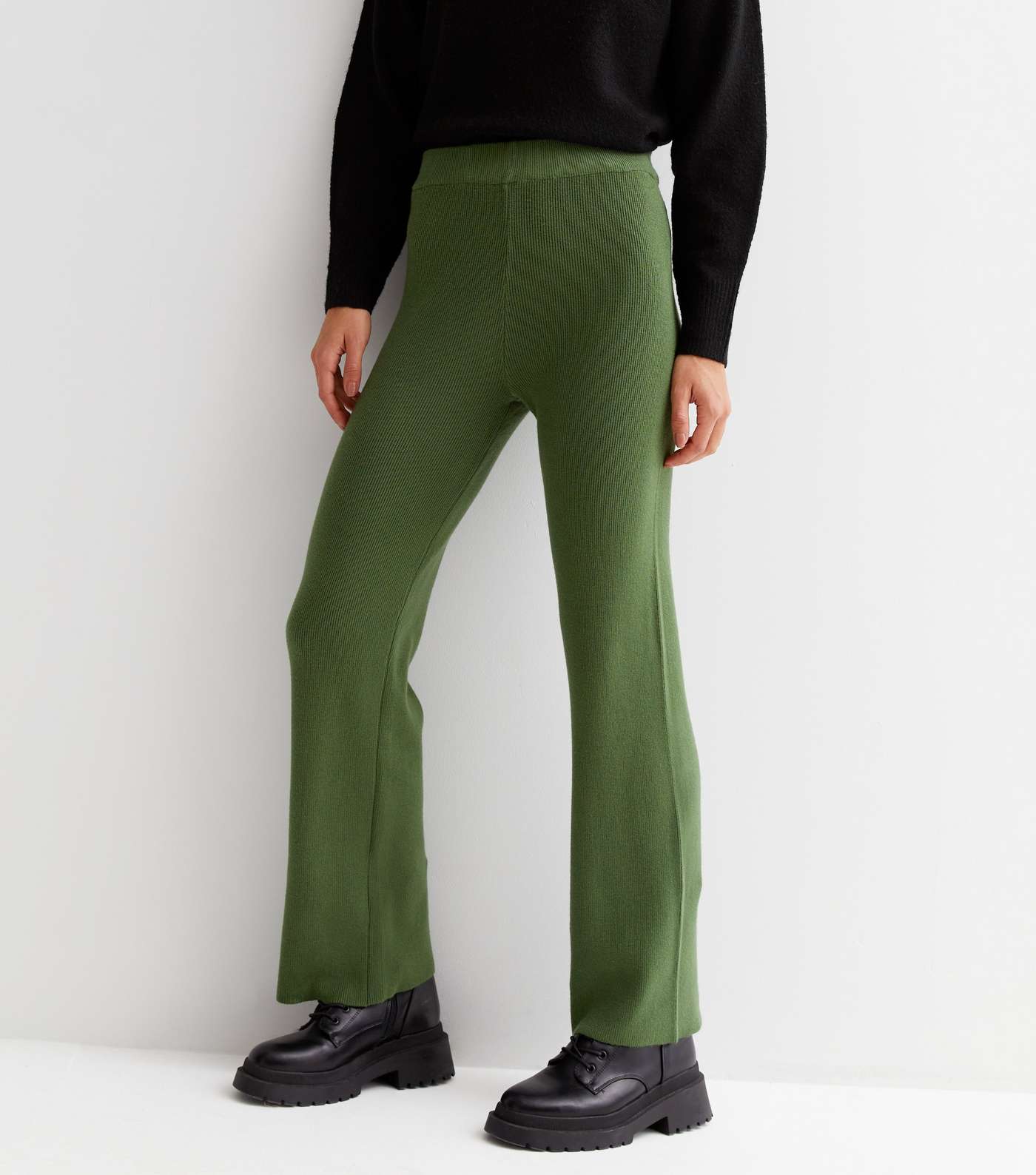 Gini London Olive Ribbed Knit High Waist Trousers Image 2