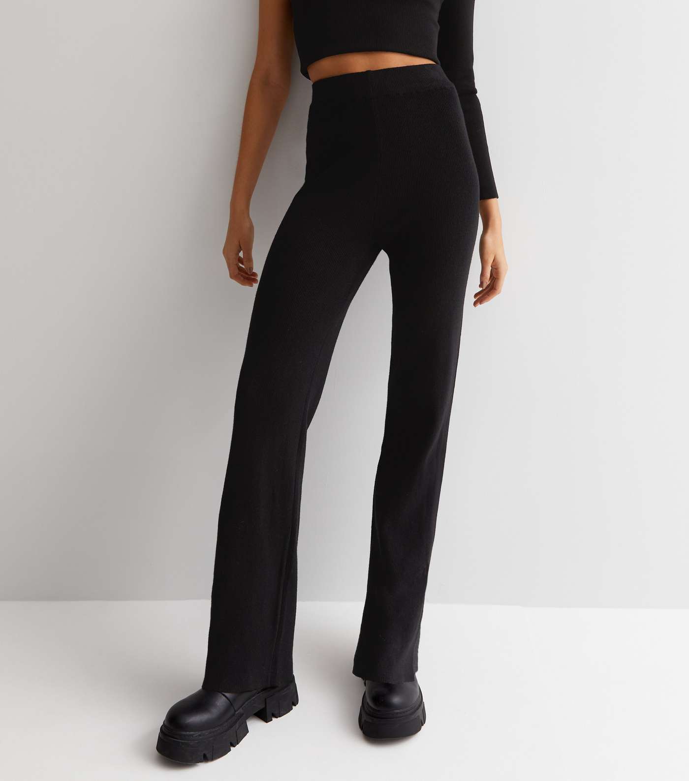 Gini London Black Ribbed Knit High Waist Trousers Image 3