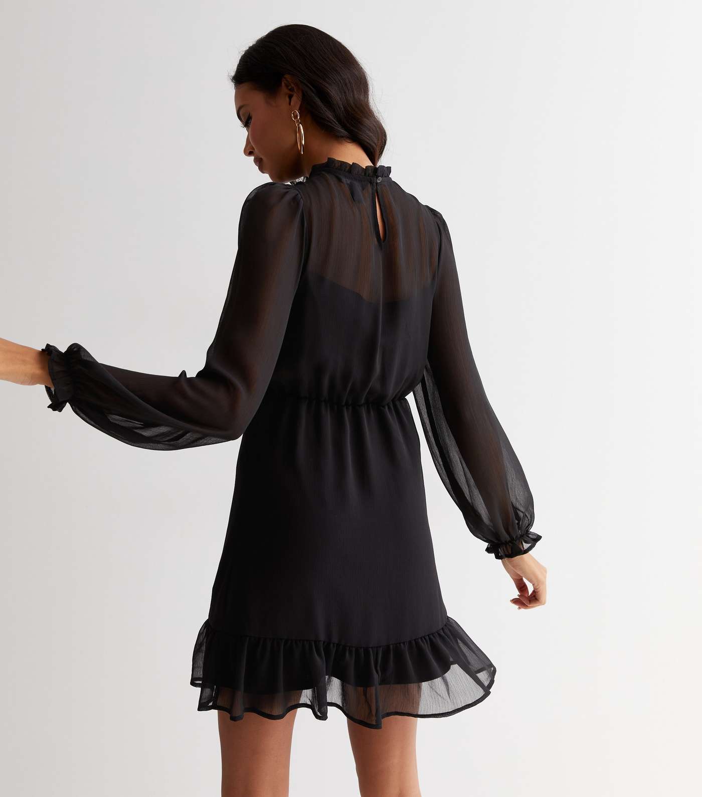 Black Chiffon High Neck Long Puff Sleeve Mini Dress Image 4