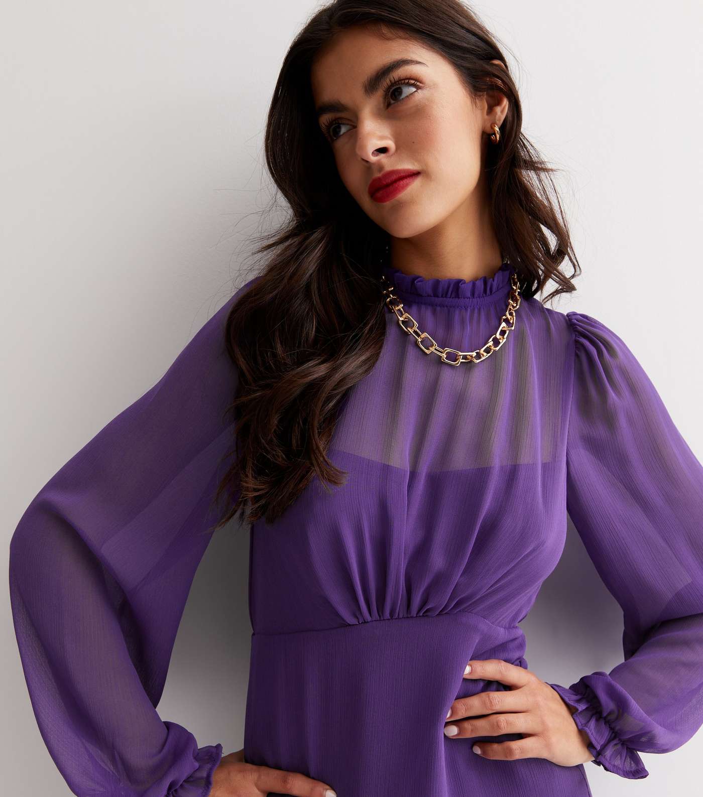 Dark Purple High Neck Long Sleeve Chiffon Mini Dress Image 2