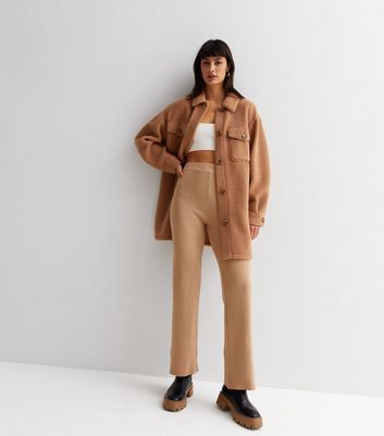 Gini London Light Brown Ribbed Knit High Waist Trousers