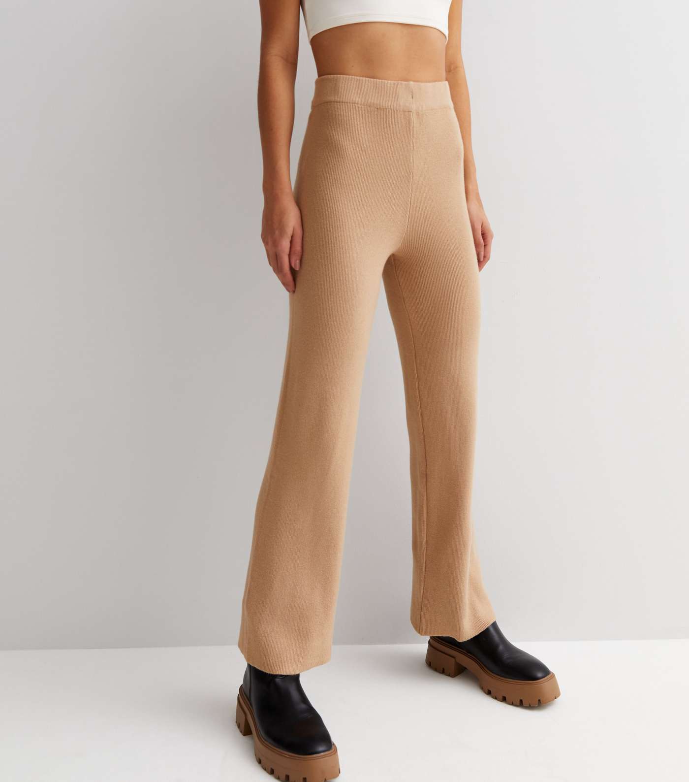 Gini London Light Brown Ribbed Knit High Waist Trousers Image 2