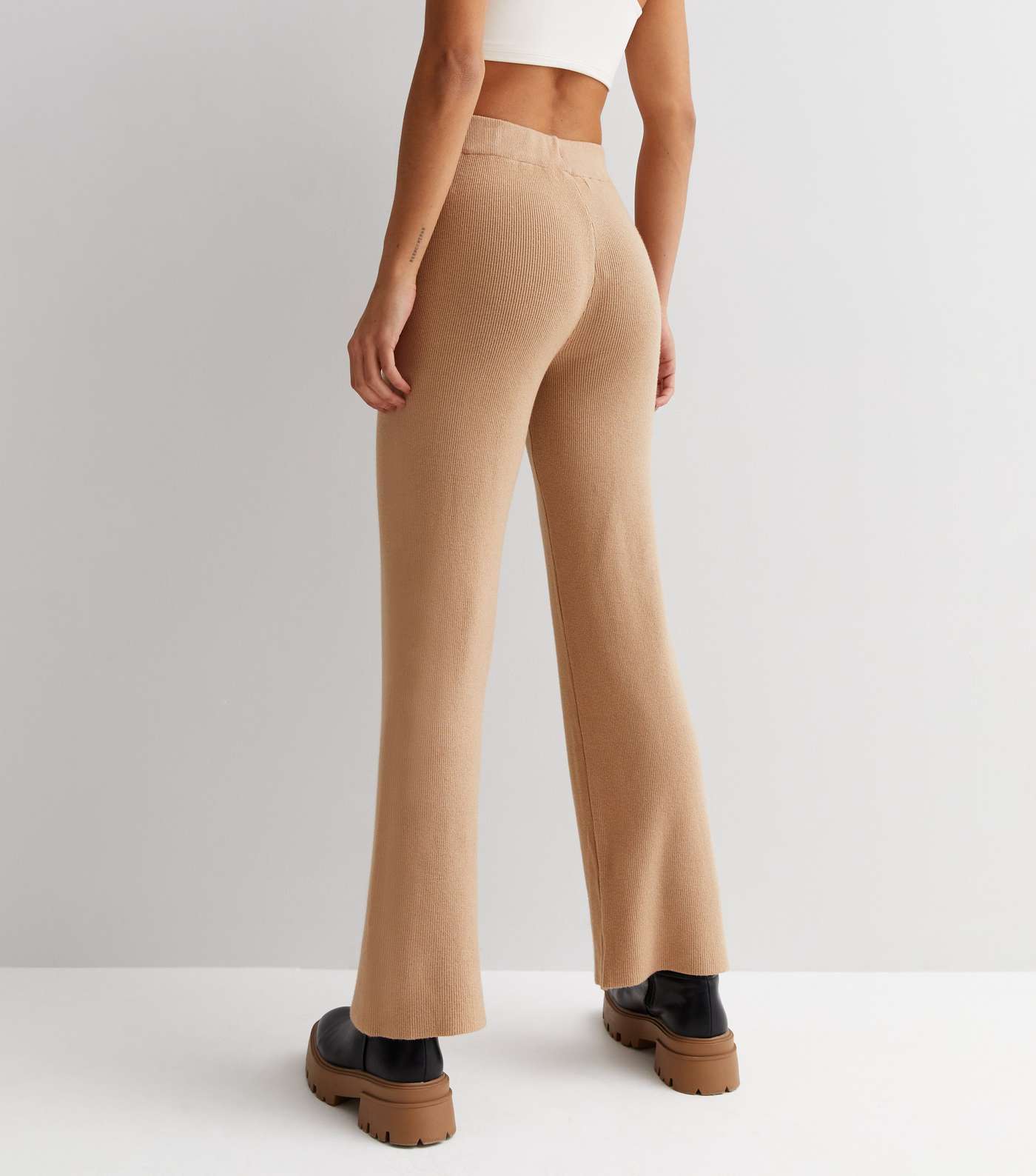 Gini London Light Brown Ribbed Knit High Waist Trousers Image 4