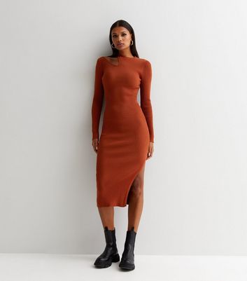 Gini London Rust Ribbed Knit Cut Out Bodycon Midi Dress New Look