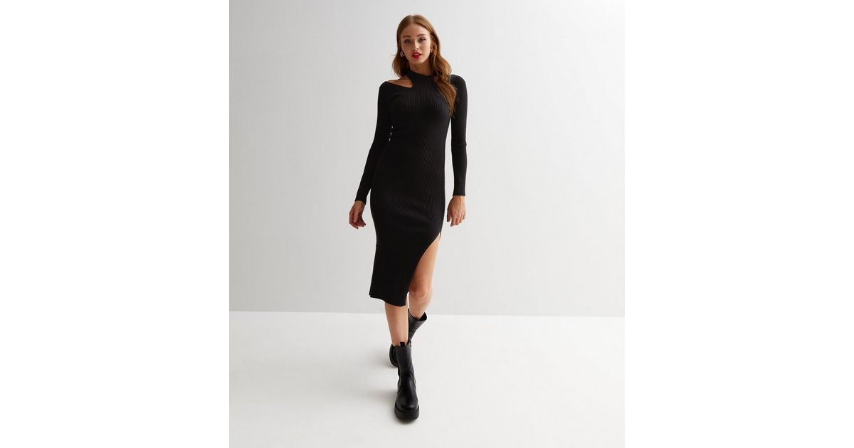 Gini London Black Ribbed Knit Cut Out Bodycon Midi Dress | New Look