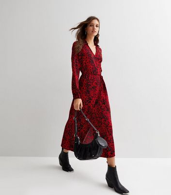 Red leopard print cheap dress long sleeve