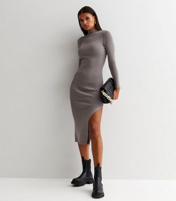 Gini London Pale Grey Ribbed Knit High Neck Bodycon Midi Dress New Look