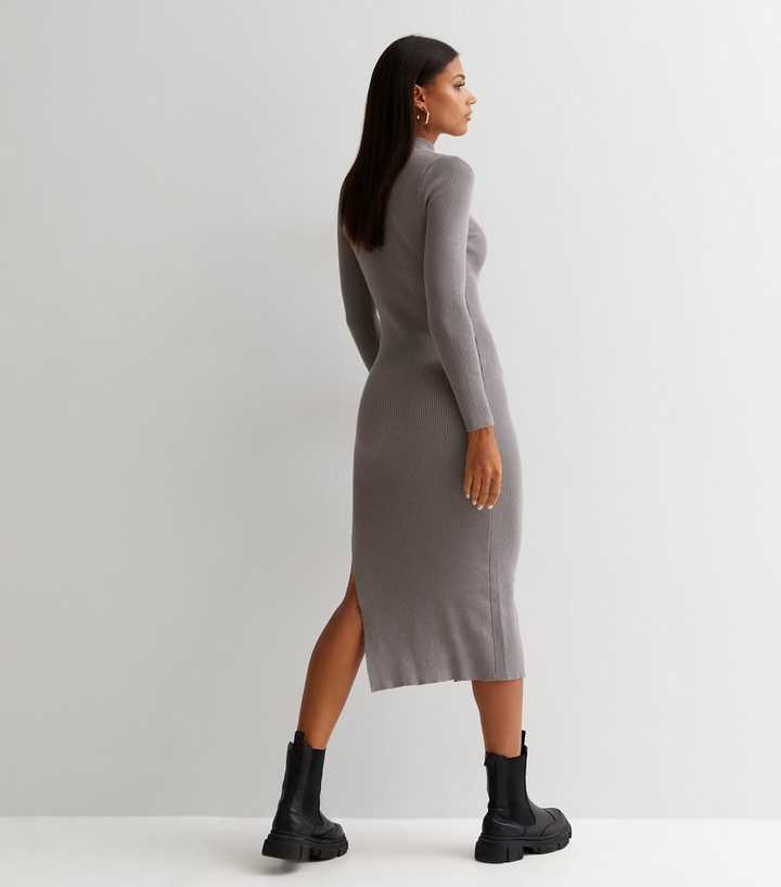 Gini London Black Ribbed Knit High Neck Long Sleeve Midi Bodycon Dress