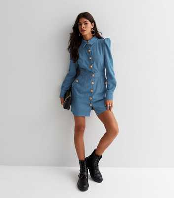 Gini London Blue Cord Long Sleeve Button Front Mini Shirt Dress