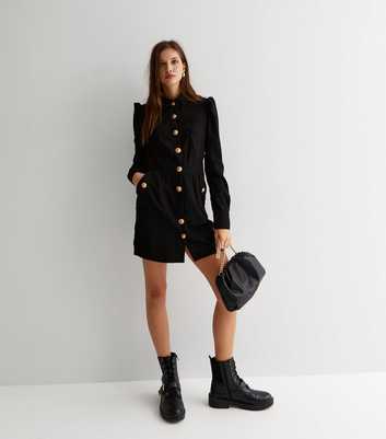 Gini London Black Cord Long Sleeve Button Front Mini Shirt Dress