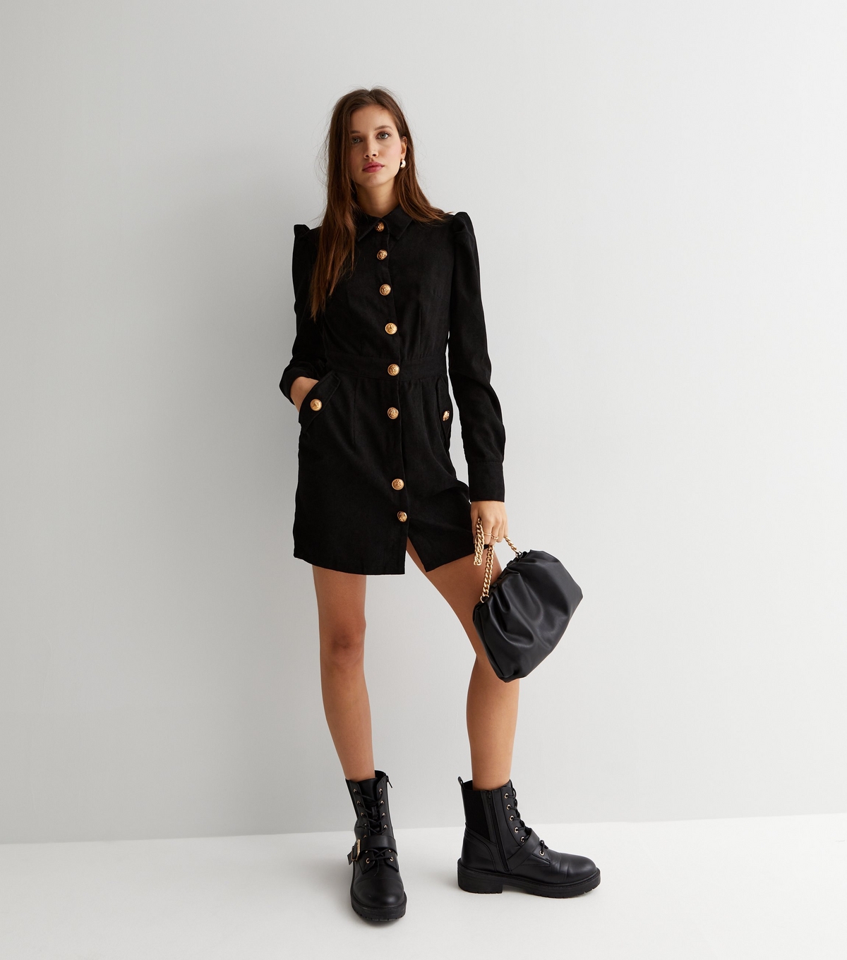 Women's Black Cord Long Sleeve Button Front Mini Shirt Dress Gini London New Look
