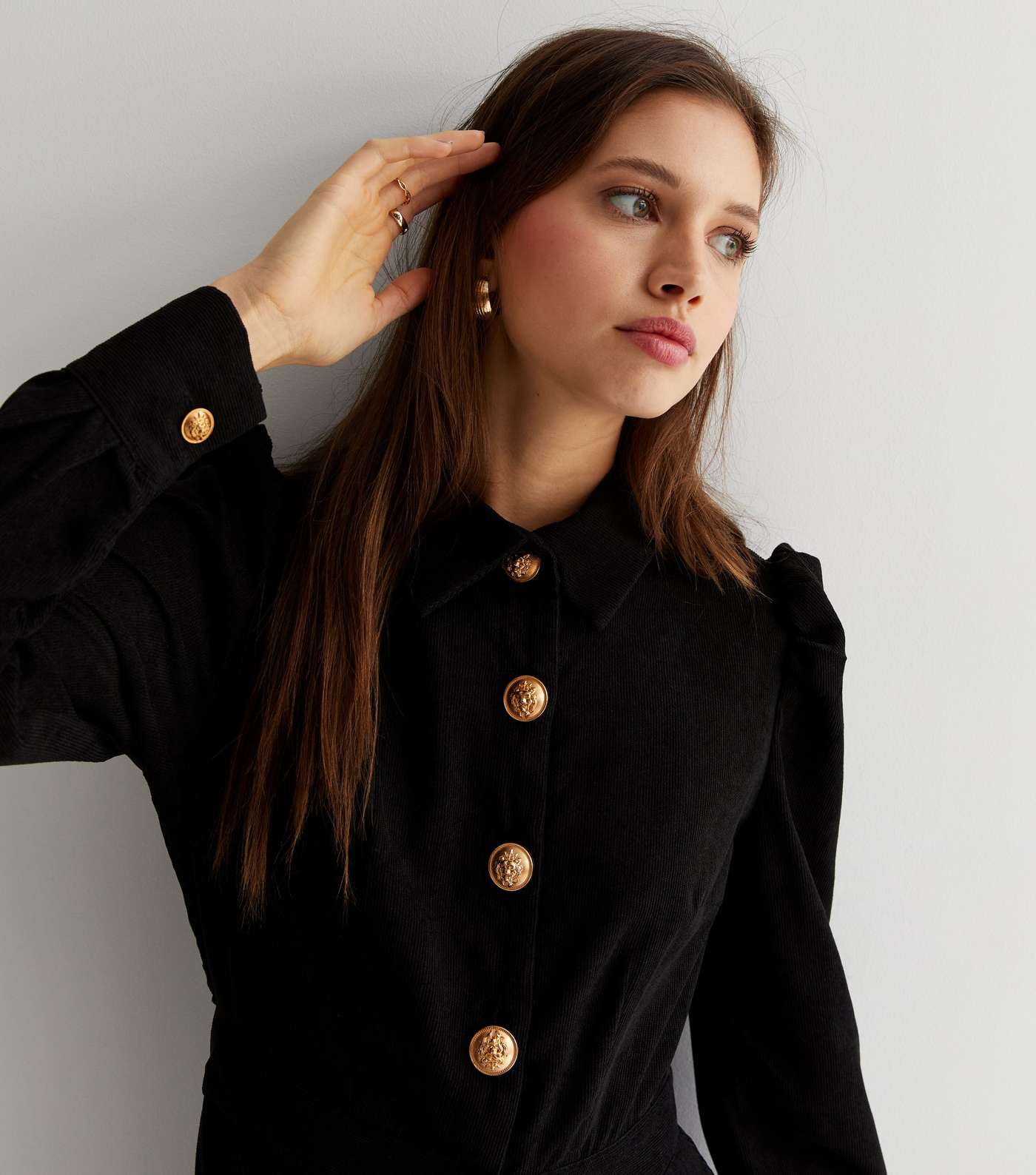 Gini London Black Cord Long Sleeve Button Front Mini Shirt Dress Image 3