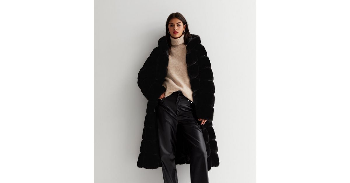 Trench Coat Hooded Faux Fur Panel Coat Gini London Black Faux Fur
