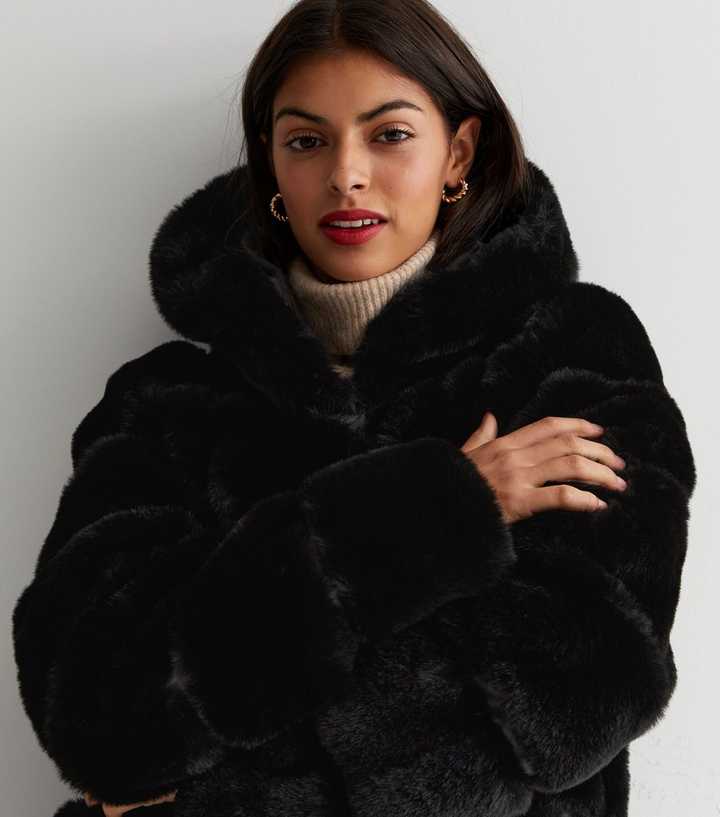 Gini London Black Faux Fur Hooded Long Coat