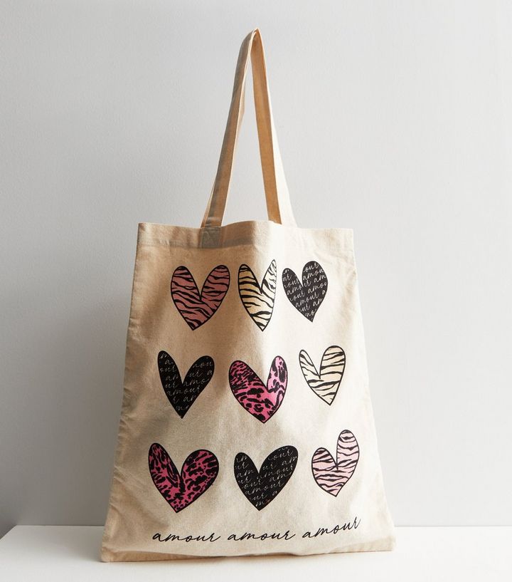 Cream Animal Heart Print Canvas Tote Bag | New Look