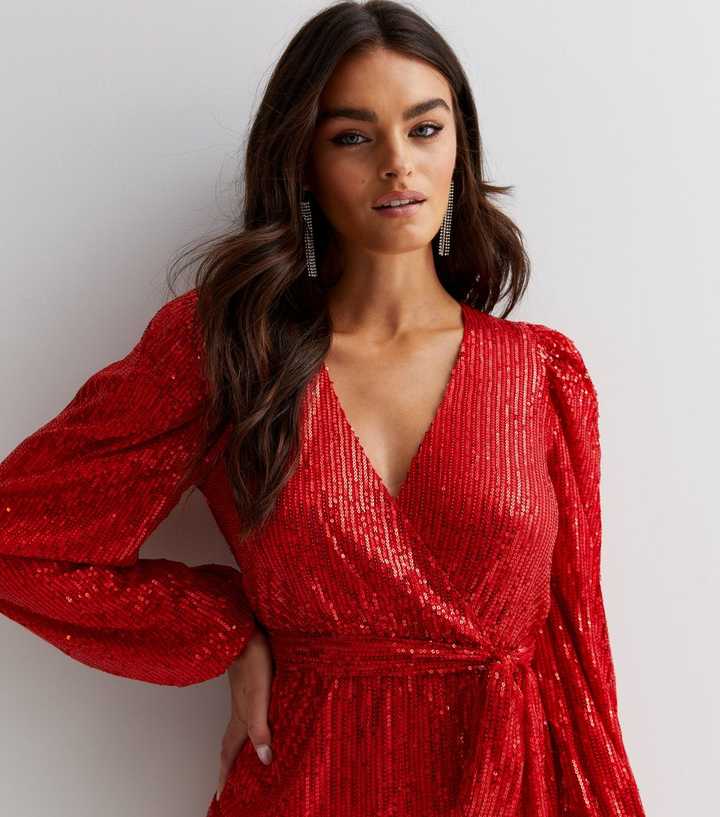 Gini London Red Sequin V Neck Long Sleeve Mini Wrap Dress | New Look