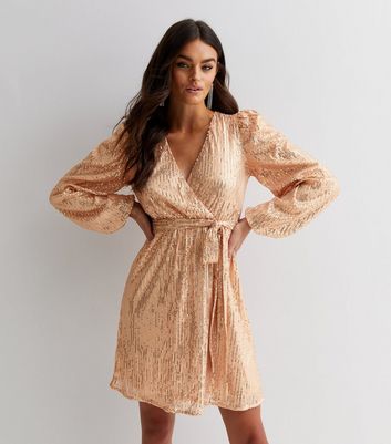 Gold wrap mini clearance dress