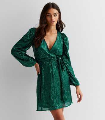 Gini London Dark Green Sequin V Neck Long Sleeve Belted Mini Wrap Dress