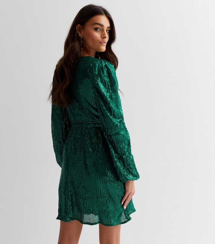 Gini London Dark Green Sequin V Neck Long Sleeve Belted Mini Wrap Dress |  New Look
