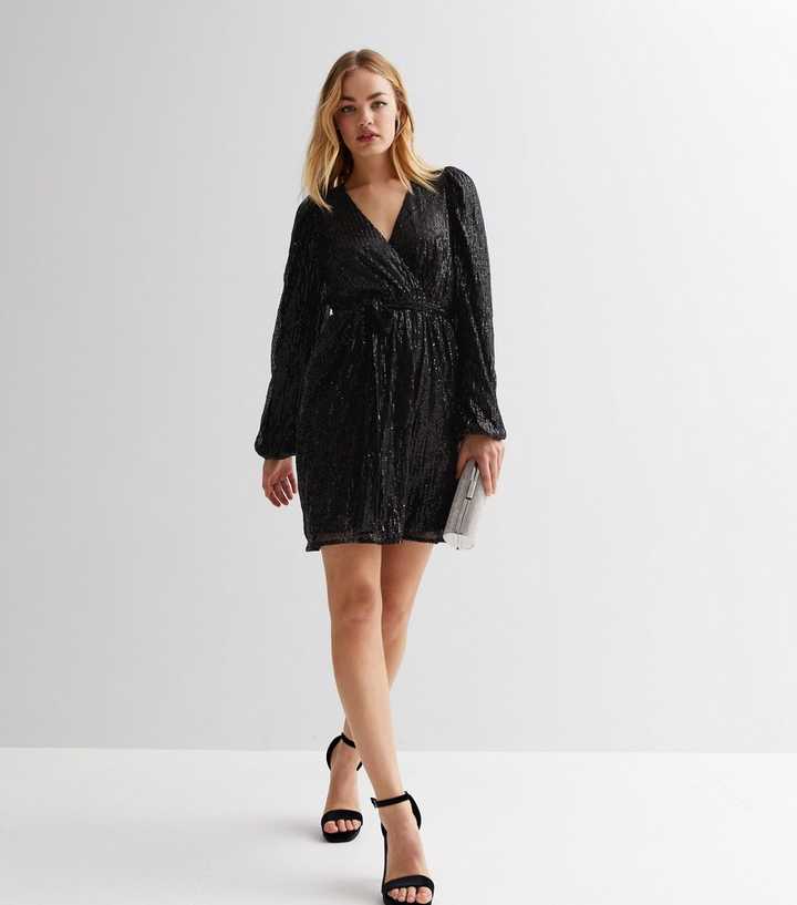 green emerald velvet dress Kim Deep V Wrap Over Sequin Dress in Black main image 1
