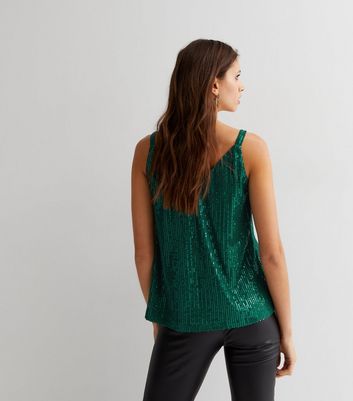 Gini London Green Sequin V Neck Strappy Cami | New Look