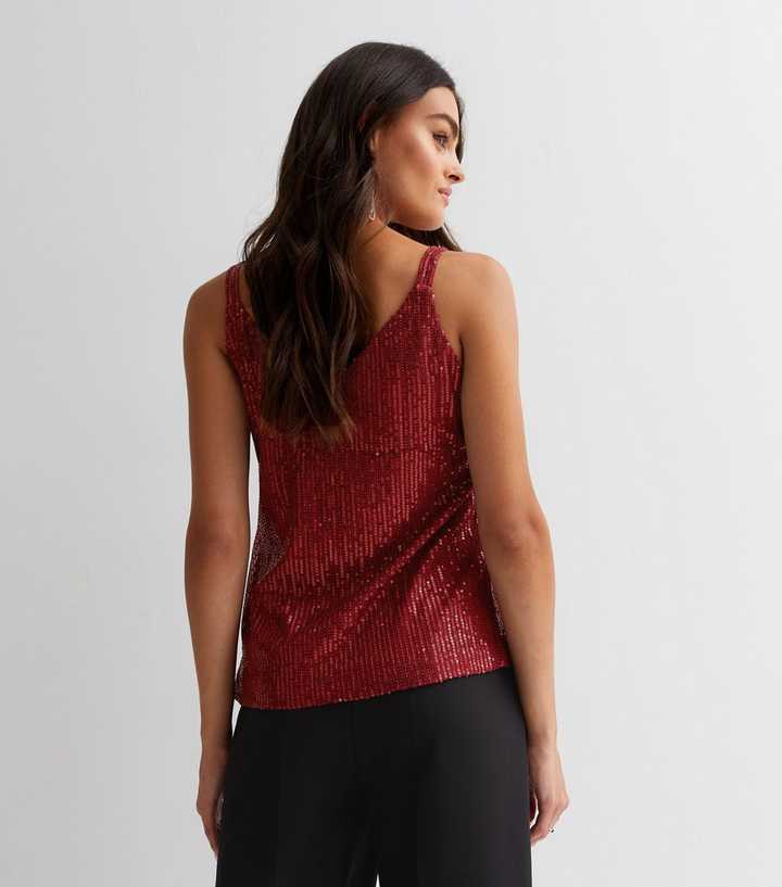 MANER Women's Sequin Tank Top - Sparkle Cami For Parties, Red/Black, Adjustable Straps