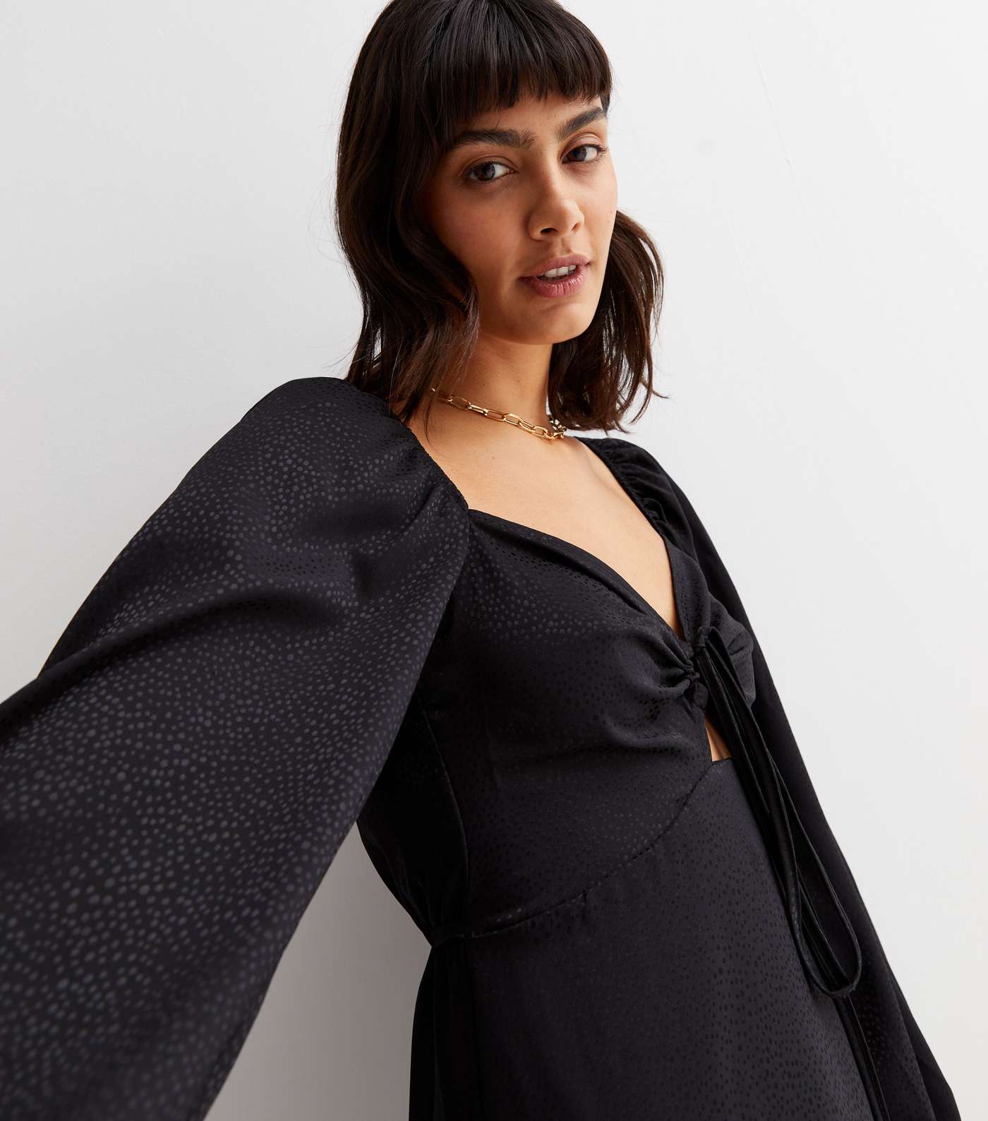 Black Spot Jacquard Satin Long Puff Sleeve Tie Front Midi Dress Image 3