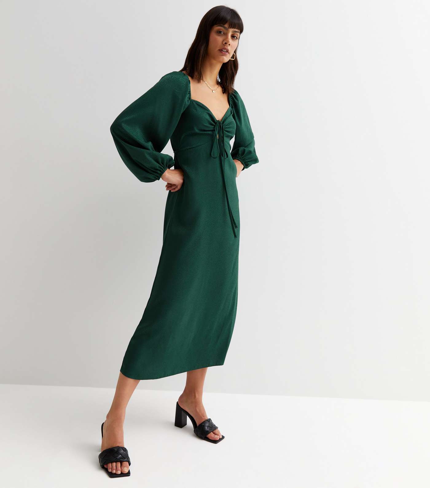 Dark Green Spot Jacquard Satin Long Puff Sleeve Tie Front Midi Dress Image 2