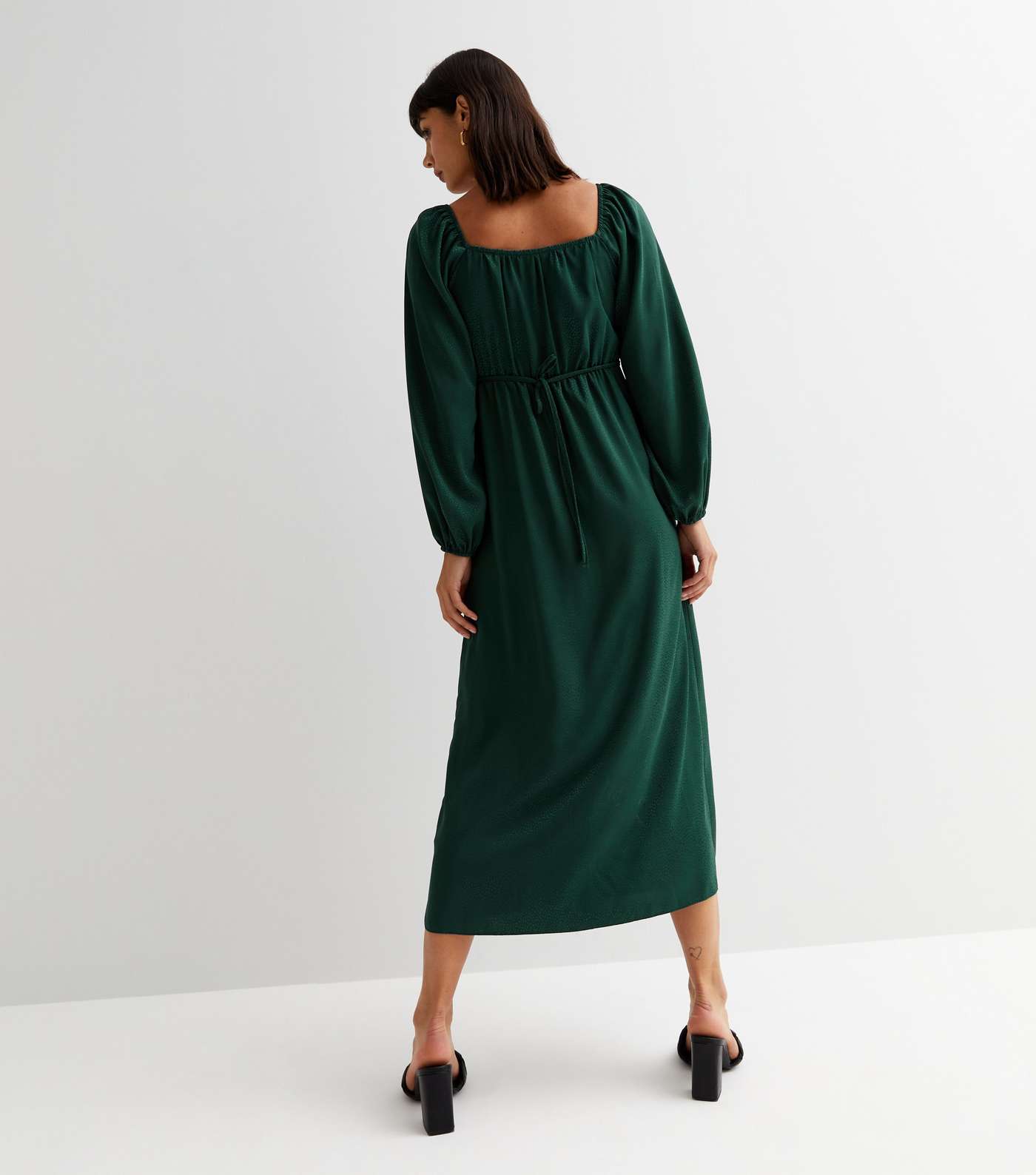 Dark Green Spot Jacquard Satin Long Puff Sleeve Tie Front Midi Dress Image 4
