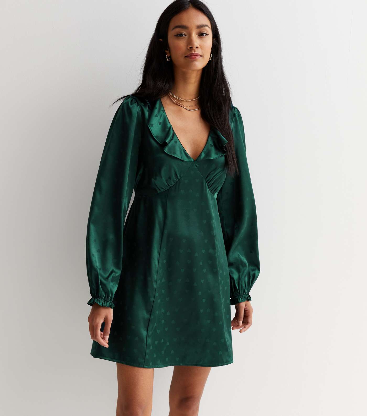 Dark Green Satin Jacquard Ruffle Long Sleeve Mini Dress