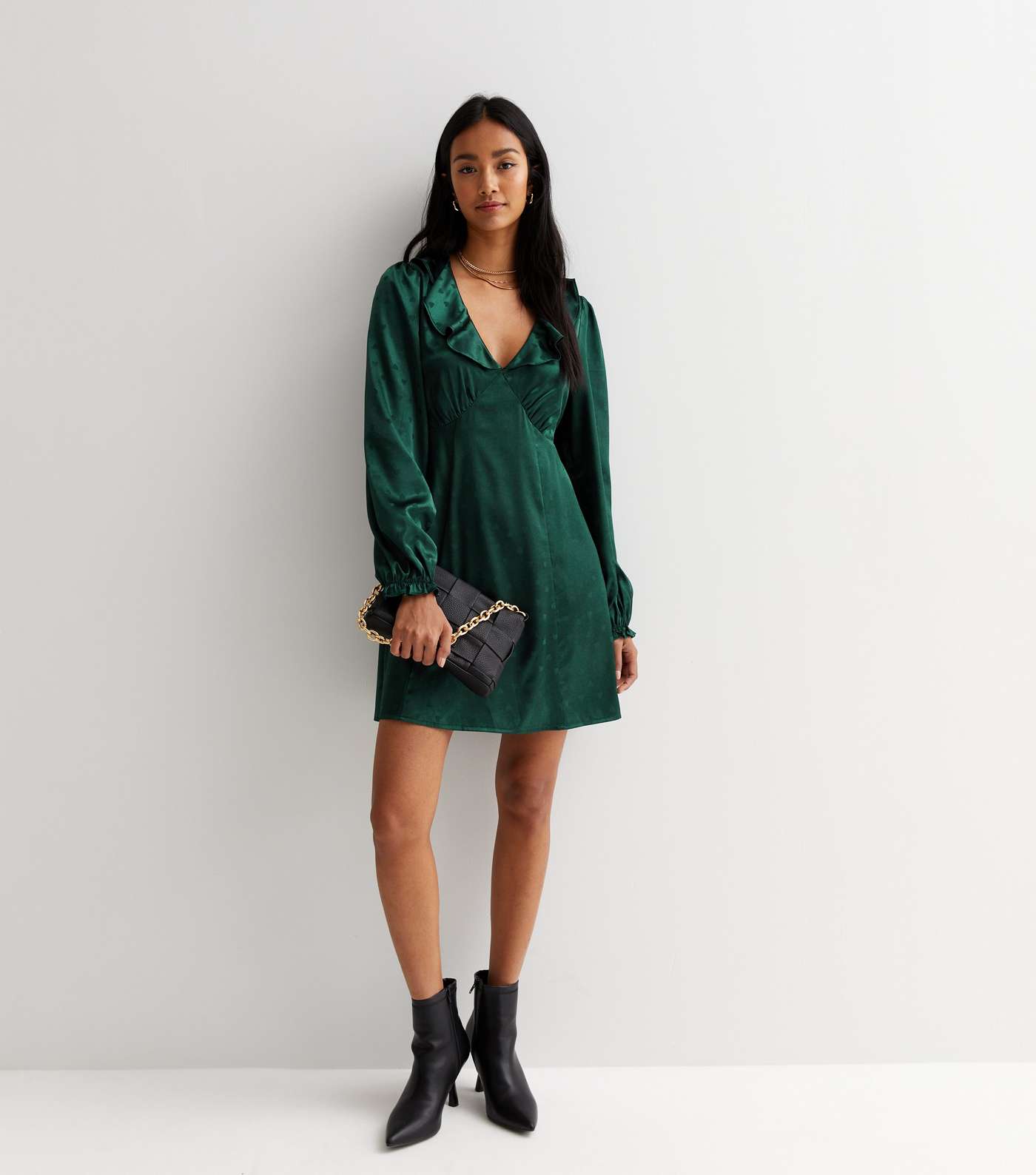 Dark Green Satin Jacquard Ruffle Long Sleeve Mini Dress Image 3