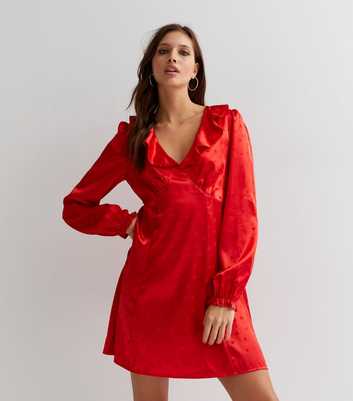 Red Jacquard Satin Ruffle V Neck Mini Dress