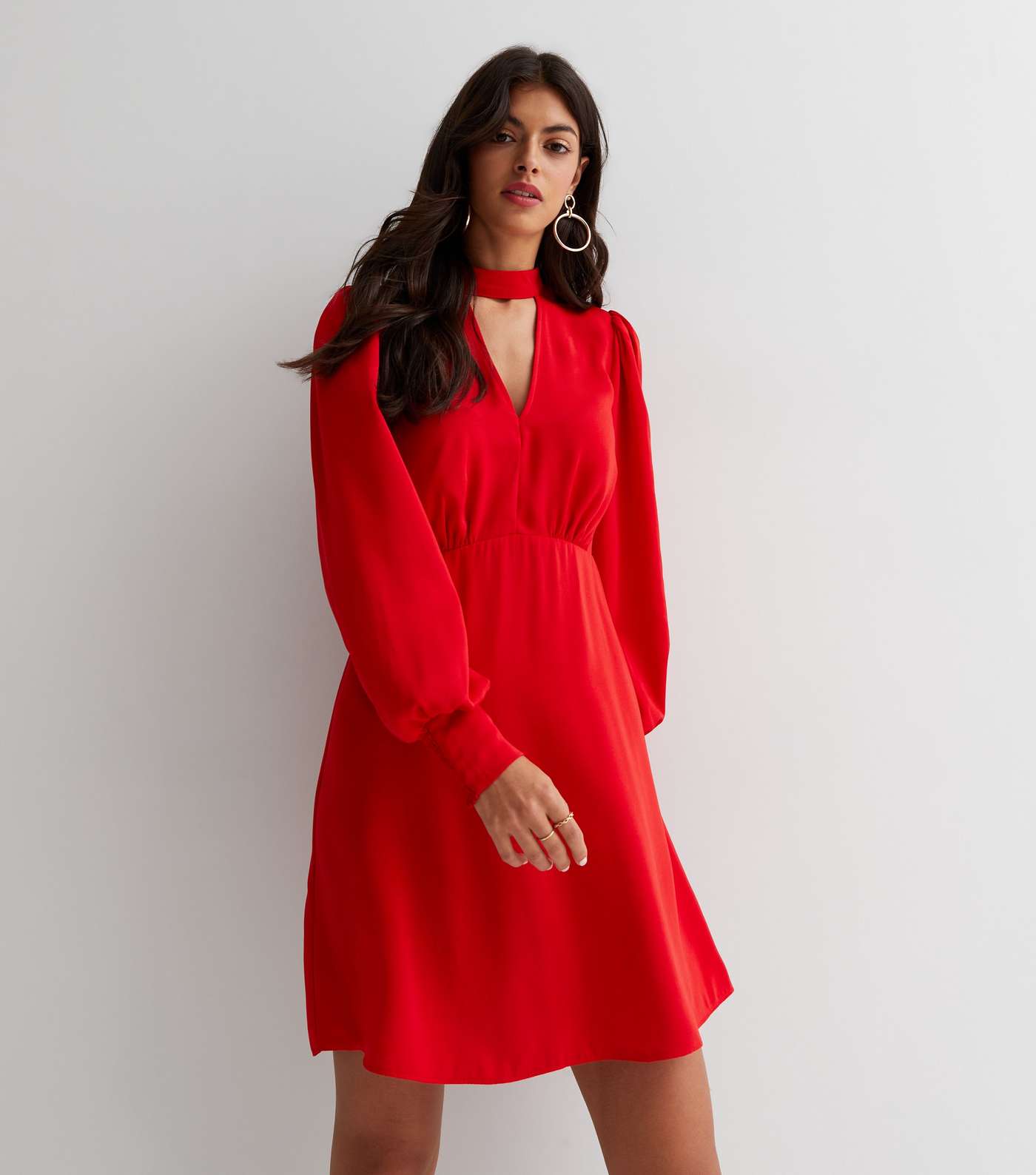 Red High Neck Long Sleeve Keyhole Mini Dress Image 3