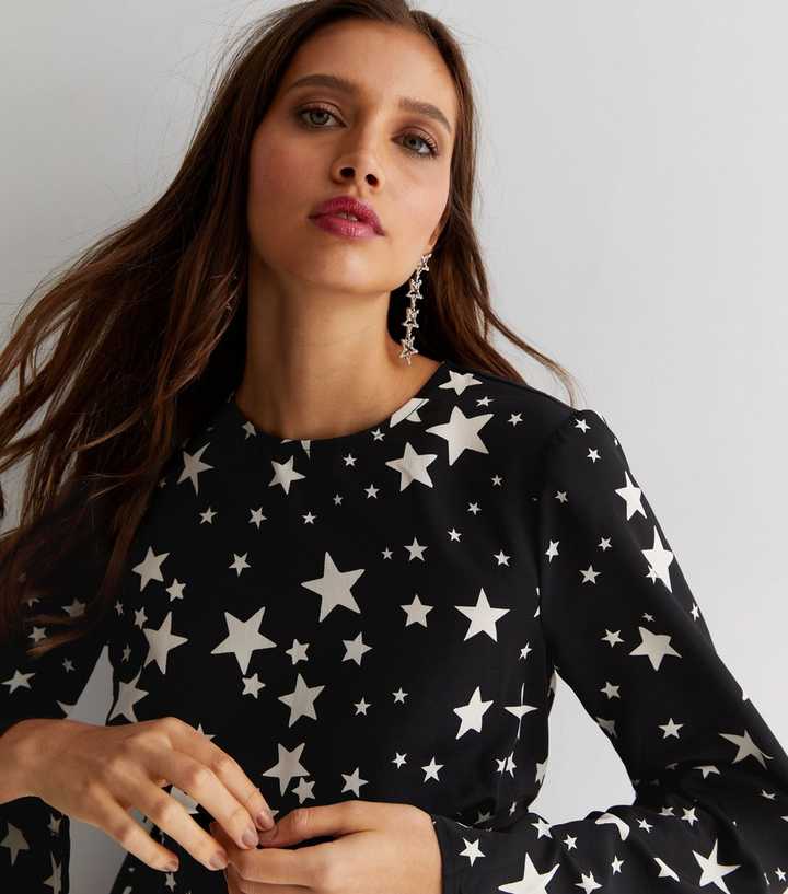 Black Star Print Flare Sleeve Mini Dress
