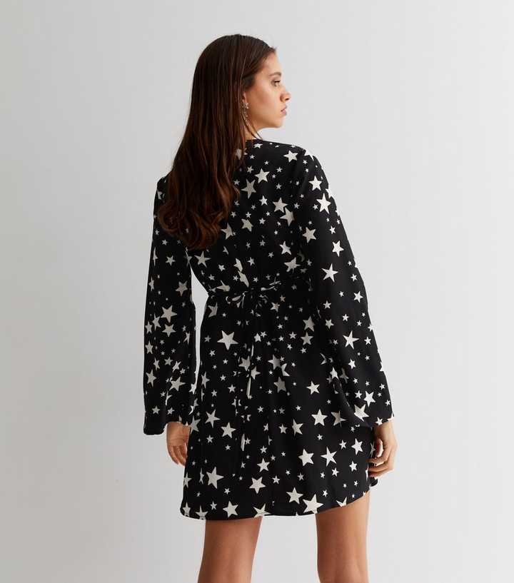 Black Star Print Flare Sleeve Mini Dress