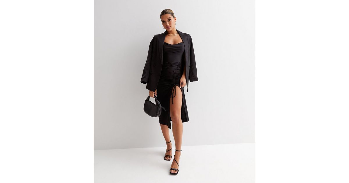 Women's Draped Black Cowl Neck Ruched Bodycon Dress