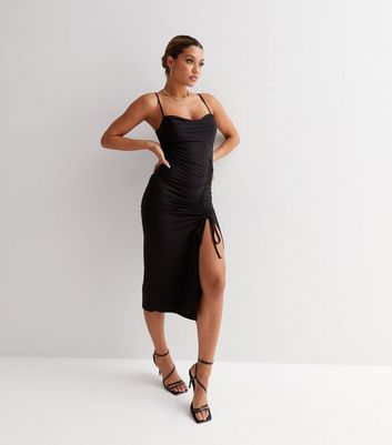 Black ruched store bodycon midi dress