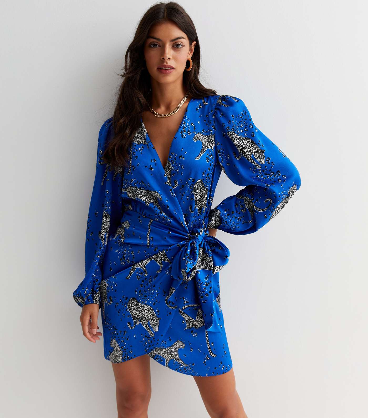 Blue Satin Leopard Print Long Sleeve Mini Wrap Dress